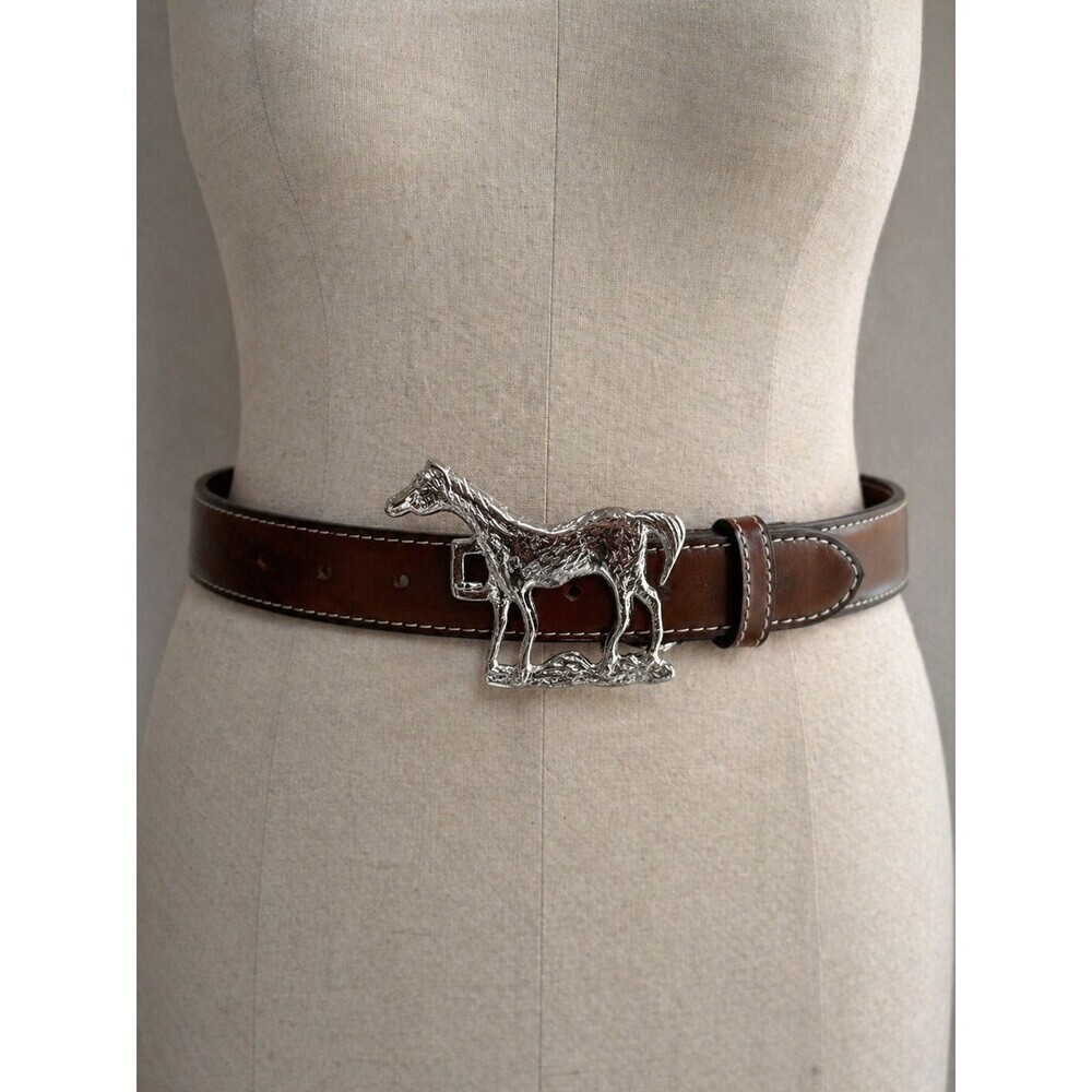 Lilo Collections Silver Horse Belt Buckle Brown Leather Belt Size Small Medium
